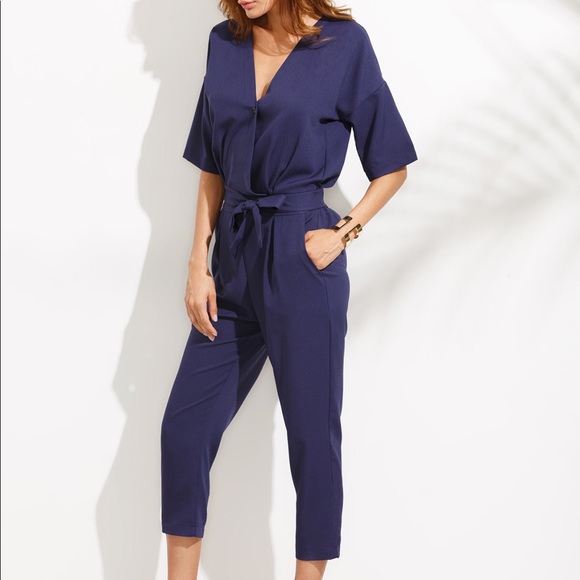 Navy Blue Short Sleeved Cropped Pants Jumpsuit - Picture 2 of 5